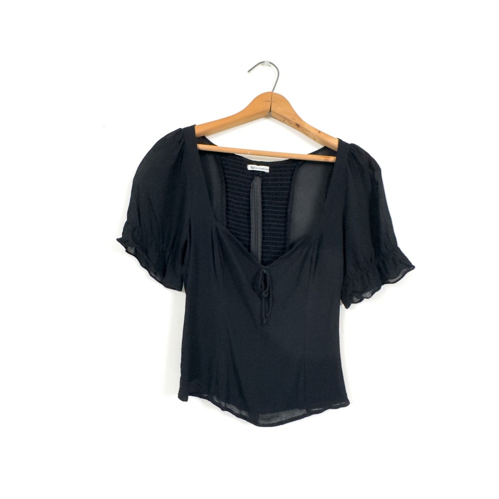 REFORMATION Delevan Crepe Top Puff Sleeve Black Viscose - 6